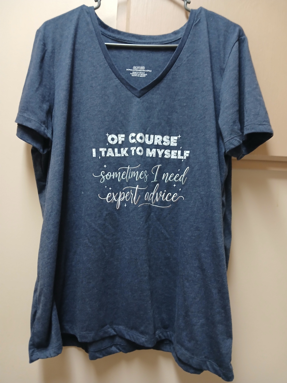 V-Neck Navy Blue Graphic Tee - "Of Course I Talk to Myself"